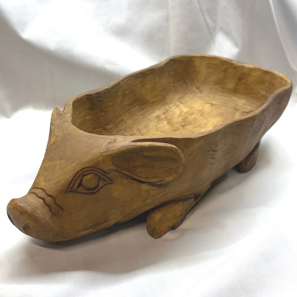 Unbranded Hand Carved Wood Pig Bowl Large Brown Excellent Rustic Farmhouse 16in